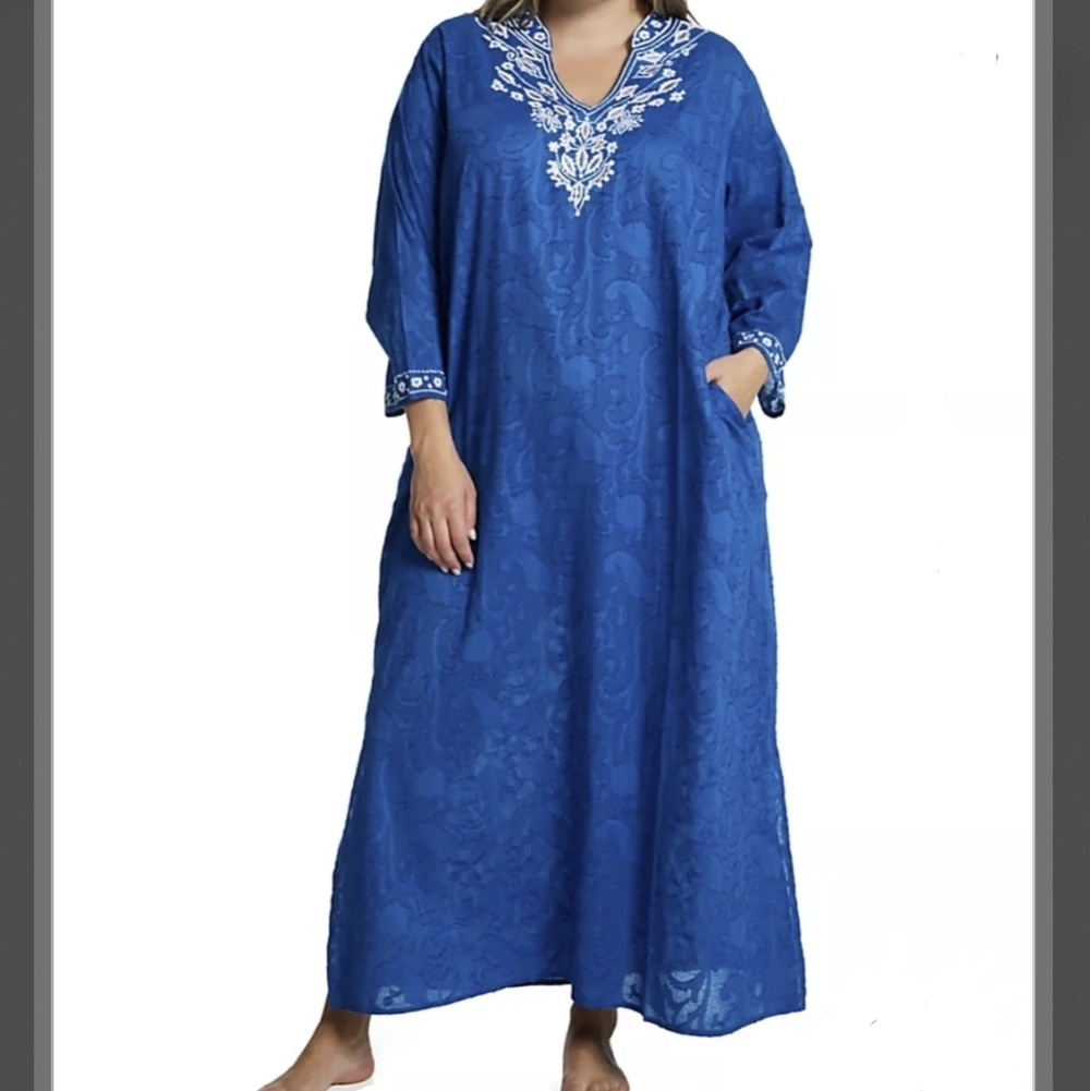 NEW Caftan Blue Embroidered V-Neck 3/4 Sleeve Maxi By La Cera
